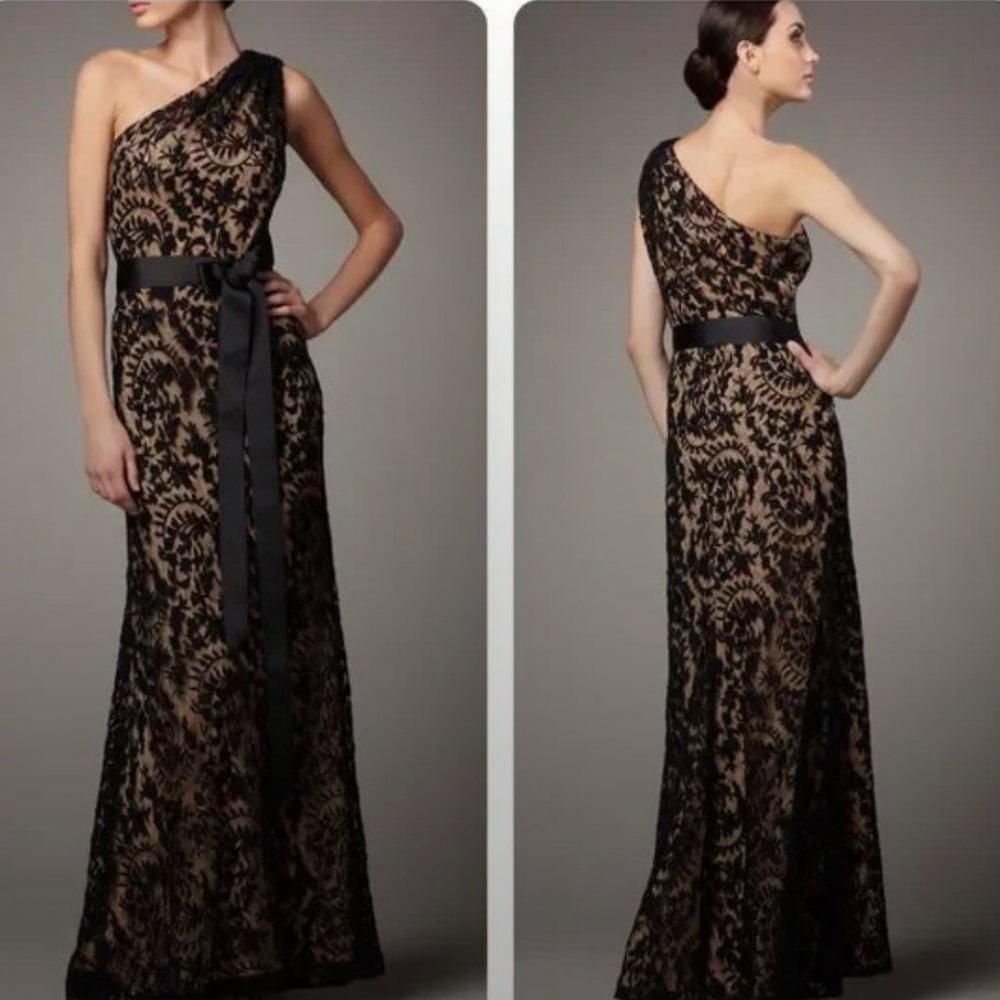 Tadashi Shoji Black Lace Nude Lined One Shoulder Floor Length Formal Gown